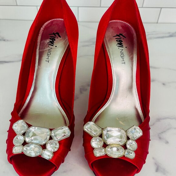 Fioni Night Red Satin Bejeweled Peep Toe Heels - Picture 6 of 8